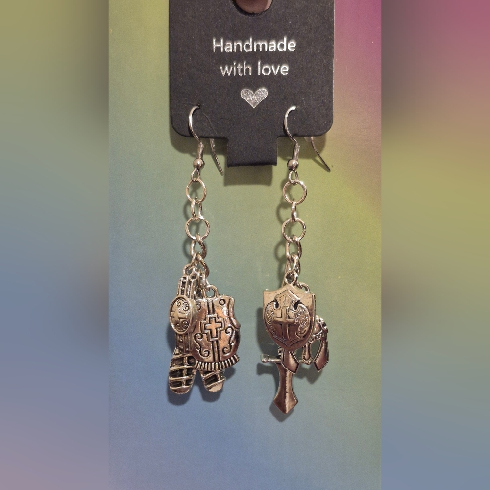 Armor of God Silver cascade drop earrings bible themed Hand-made Custom